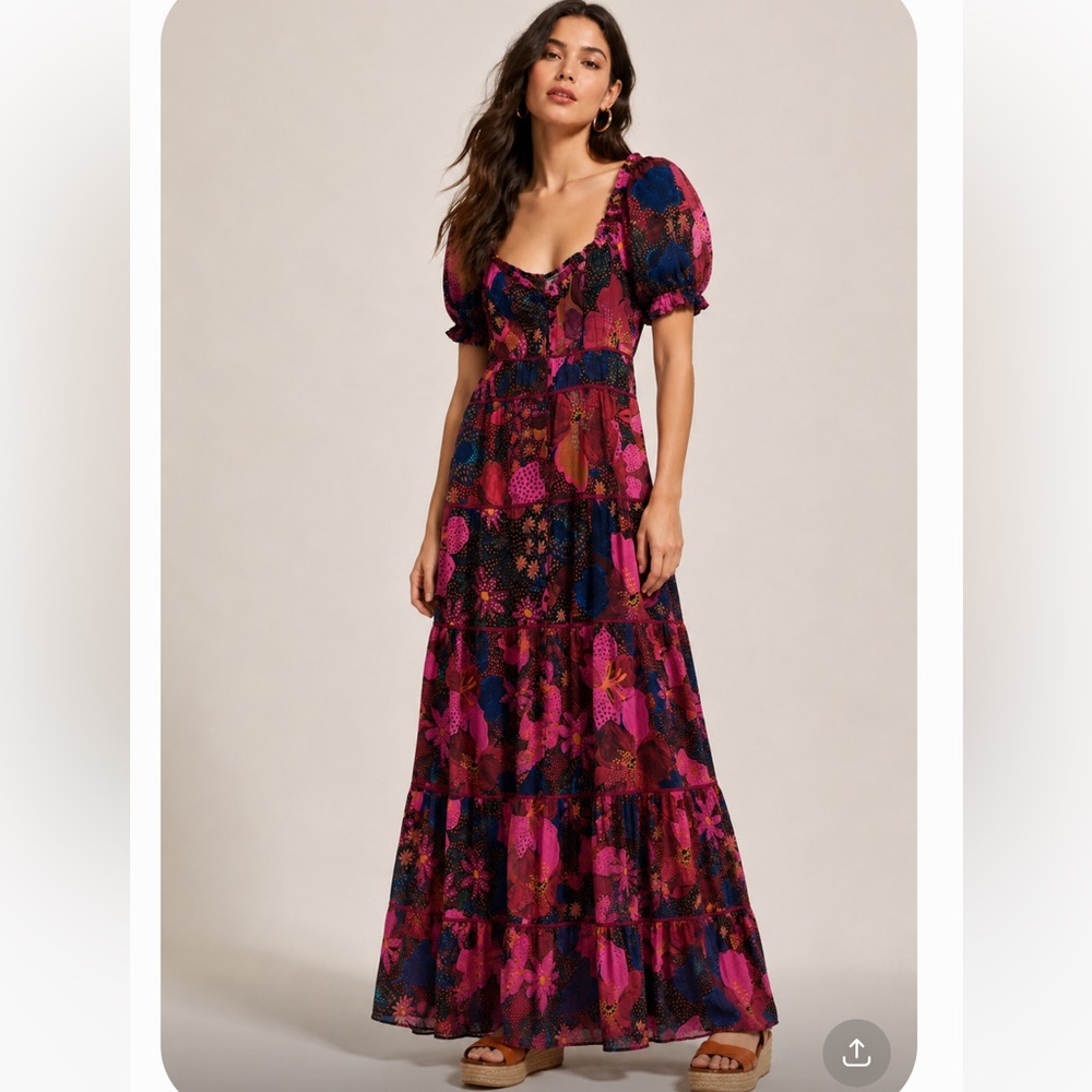 Farm Rio Mixed Wild Life Snake Garden Sweetheart Puff Lenzing Maxi Dress Large
